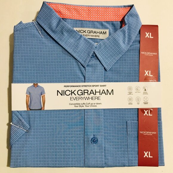 Nick Graham Men's Shirt XL Printed Performance Stretch Short Sleeve Shirt Blue X - Picture 2 of 8